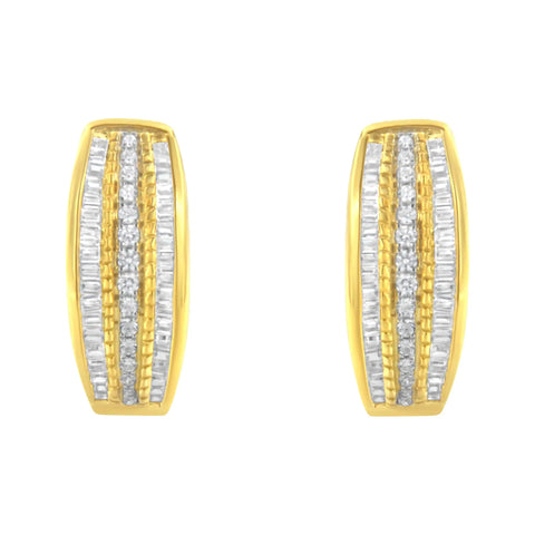 10K Yellow Gold 3/4 Cttw Pave and Channel Set Diamond Triple Row Modern Hoop Earrings (I-J Color, I2-I3 Clarity)