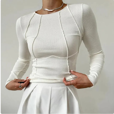 Slim Long Sleeve T-shirt Fashion Solid Color Split Thread Knitted Top Womens Clothing