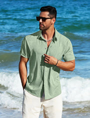 MAPICK Men's Linen Shirts Short Sleeve Button Down Casual Shirt Business Dress Clothing Beach Fashion Summer Tops 3X-Large Green