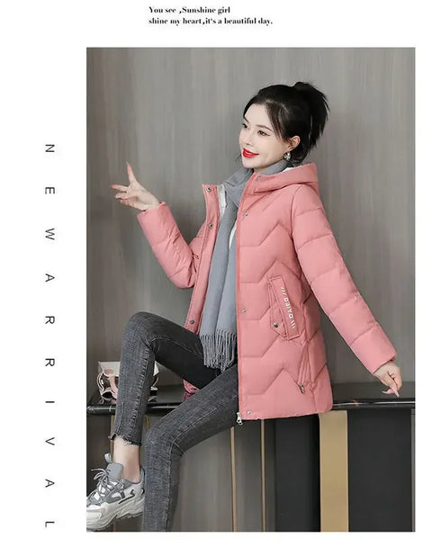 Winter Fashion Women Mid Length Down Cotton Jacket Korean Loose Thick Warm Padded Coat Female Hooded Parkas Outerwear Winter