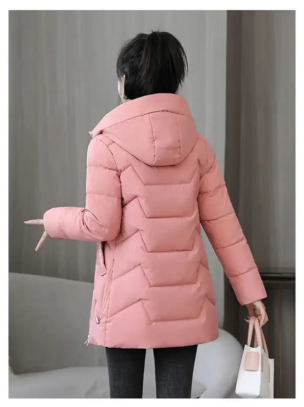 Winter Fashion Women Mid Length Down Cotton Jacket Korean Loose Thick Warm Padded Coat Female Hooded Parkas Outerwear Winter