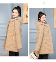 Winter Fashion Women Mid Length Down Cotton Jacket Korean Loose Thick Warm Padded Coat Female Hooded Parkas Outerwear Winter