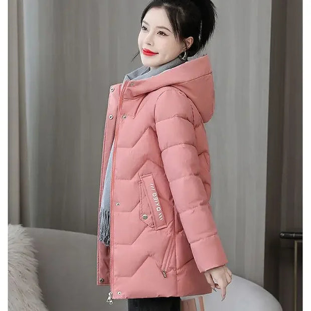 Winter Fashion Women Mid Length Down Cotton Jacket Korean Loose Thick Warm Padded Coat Female Hooded Parkas Outerwear Winter